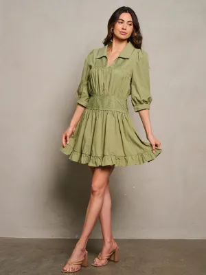 WOMEN'S 3/4 SLEEVE SMOCK RUFFLE V-NECK DETAILED MINI DRESS