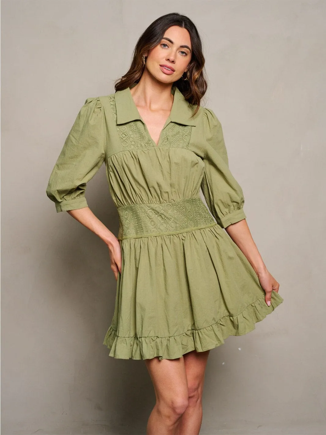 WOMEN'S 3/4 SLEEVE SMOCK RUFFLE V-NECK DETAILED MINI DRESS