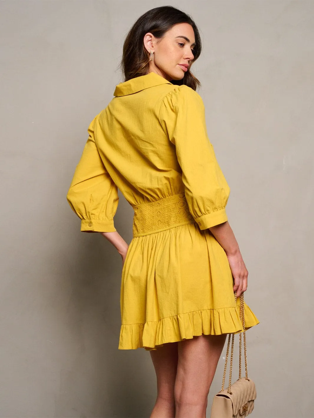 WOMEN'S 3/4 SLEEVE SMOCK RUFFLE V-NECK DETAILED MINI DRESS