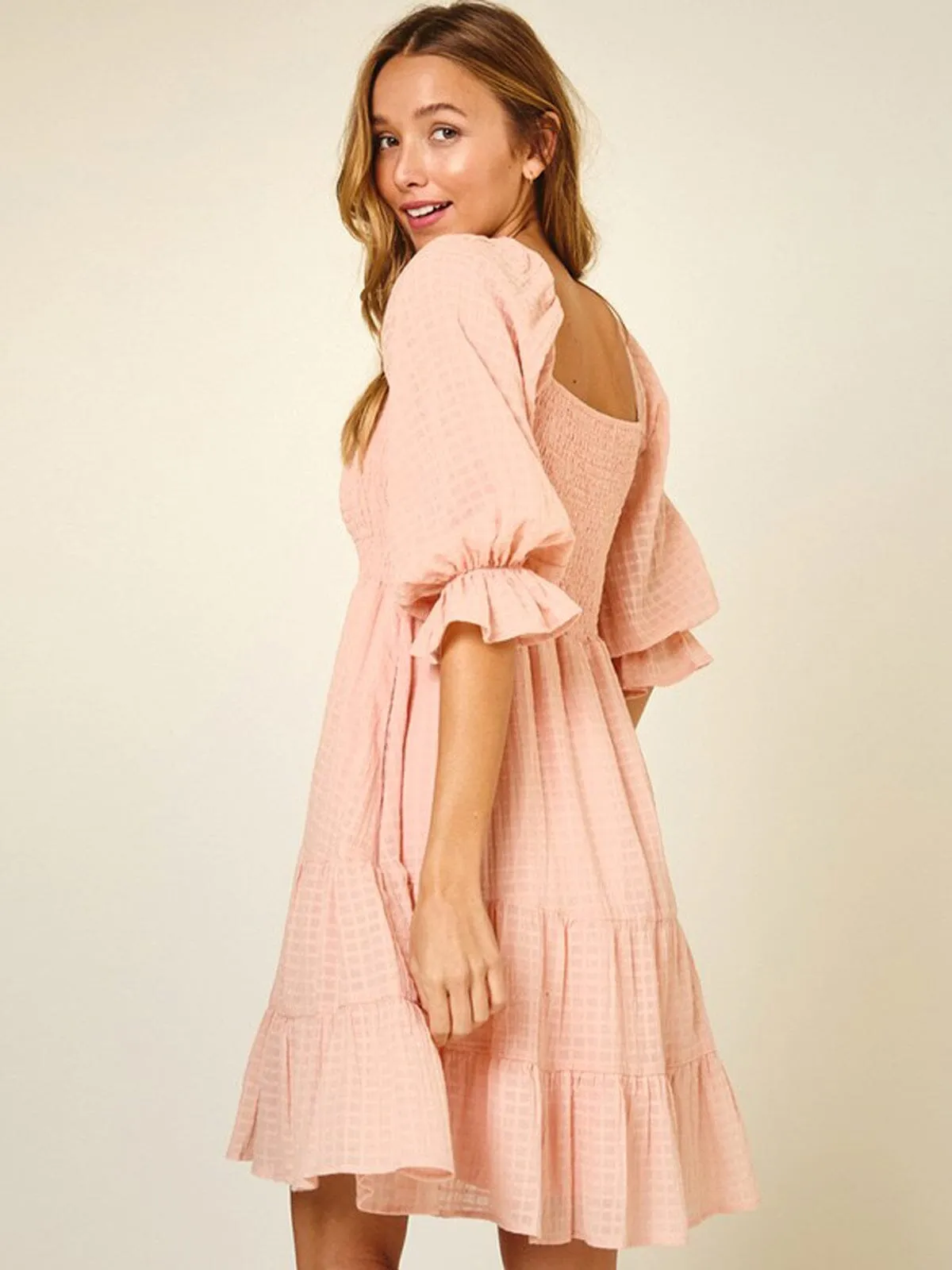 WOMEN'S 3/4 SLEEVE SMOCK TIERED MINI DRESS