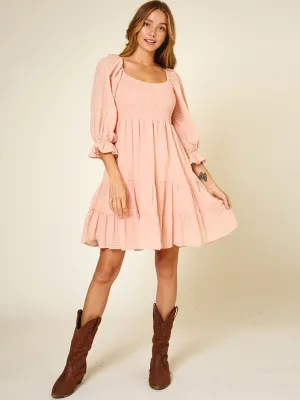 WOMEN'S 3/4 SLEEVE SMOCK TIERED MINI DRESS