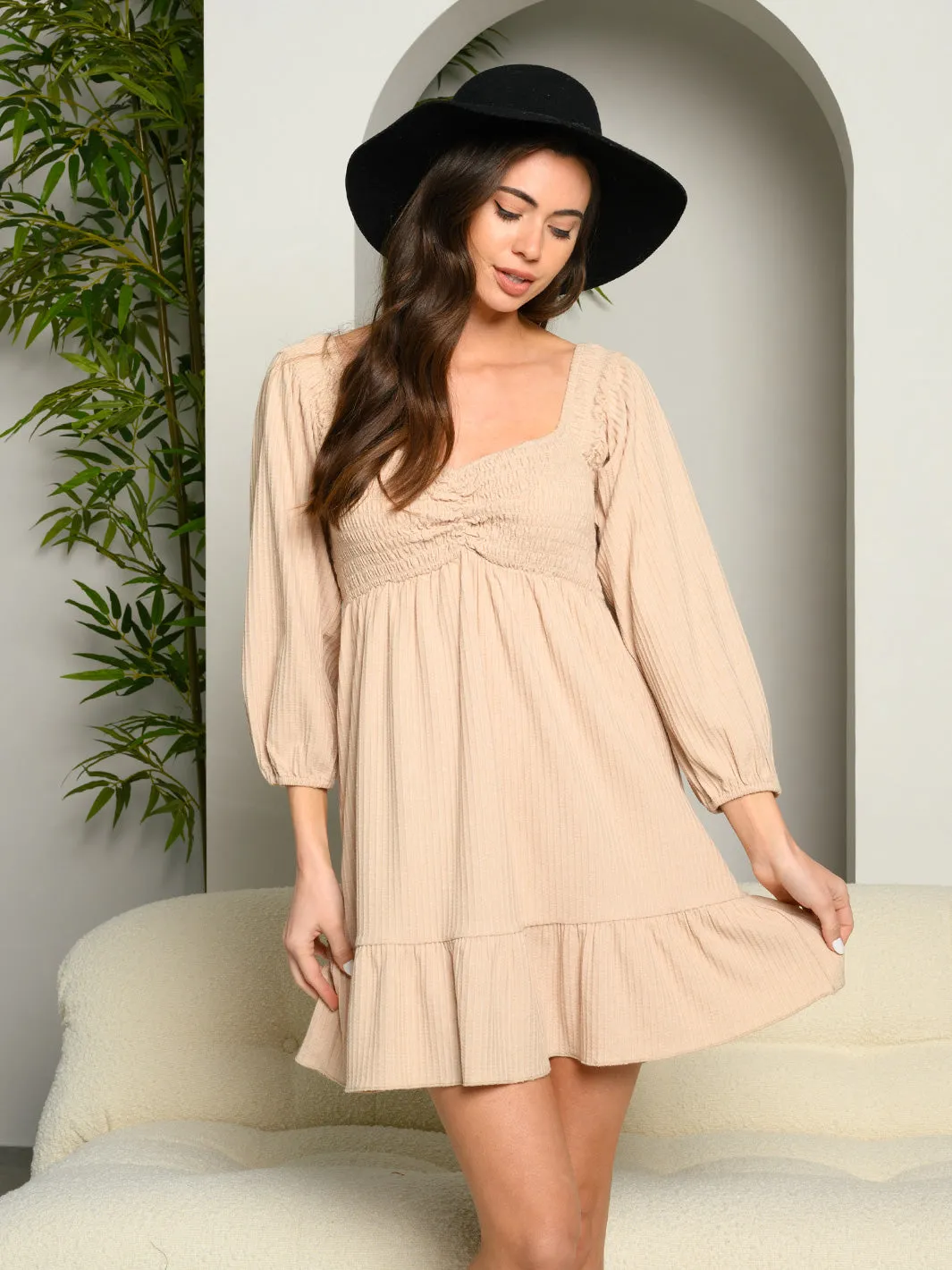 WOMEN'S 3/4 SLEEVE SMOKED BODICE MINI DRESS
