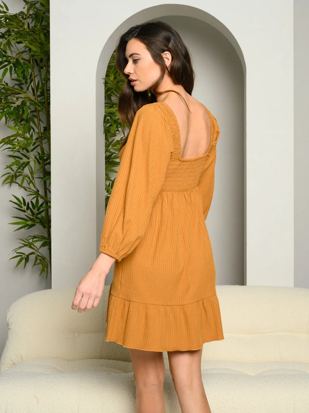 WOMEN'S 3/4 SLEEVE SMOKED BODICE MINI DRESS