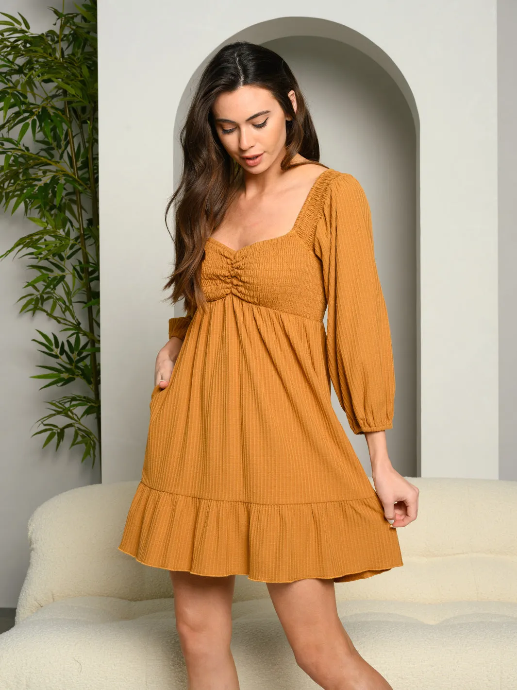 WOMEN'S 3/4 SLEEVE SMOKED BODICE MINI DRESS