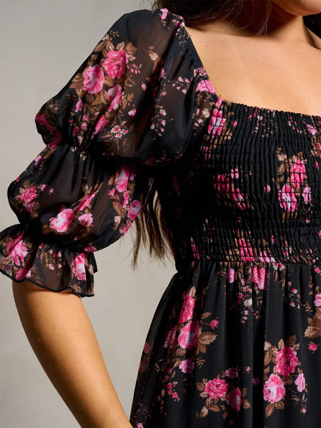 WOMEN'S 3/4 SLEEVE SQUARE NECK SMOCK FLORAL MINI DRESS
