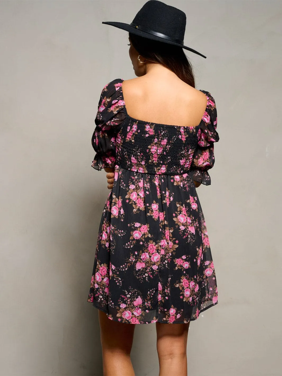 WOMEN'S 3/4 SLEEVE SQUARE NECK SMOCK FLORAL MINI DRESS