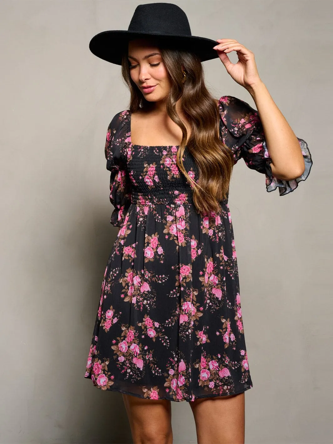 WOMEN'S 3/4 SLEEVE SQUARE NECK SMOCK FLORAL MINI DRESS