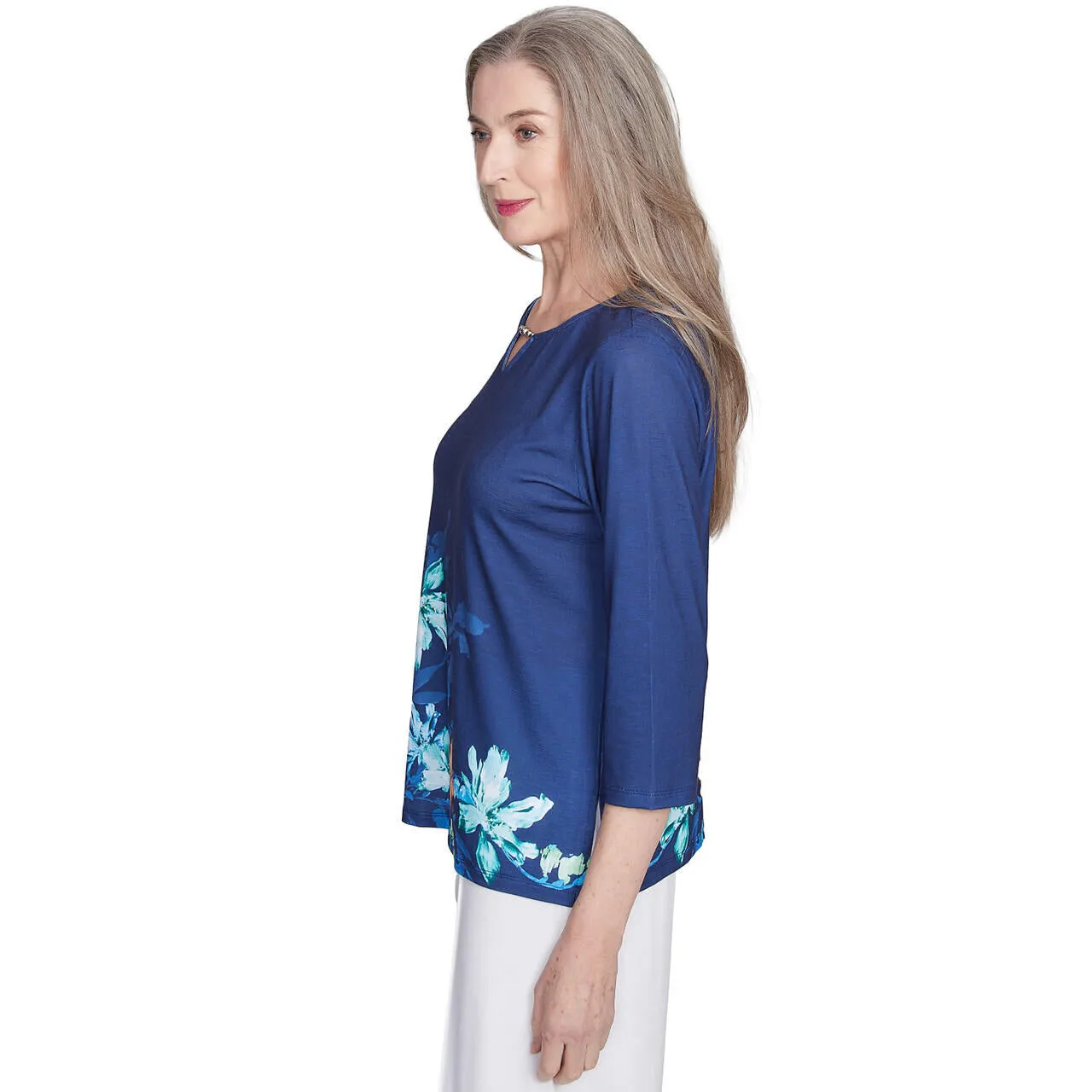 Women's Asymmetric Floral Beaded Split Neck Top - 89458