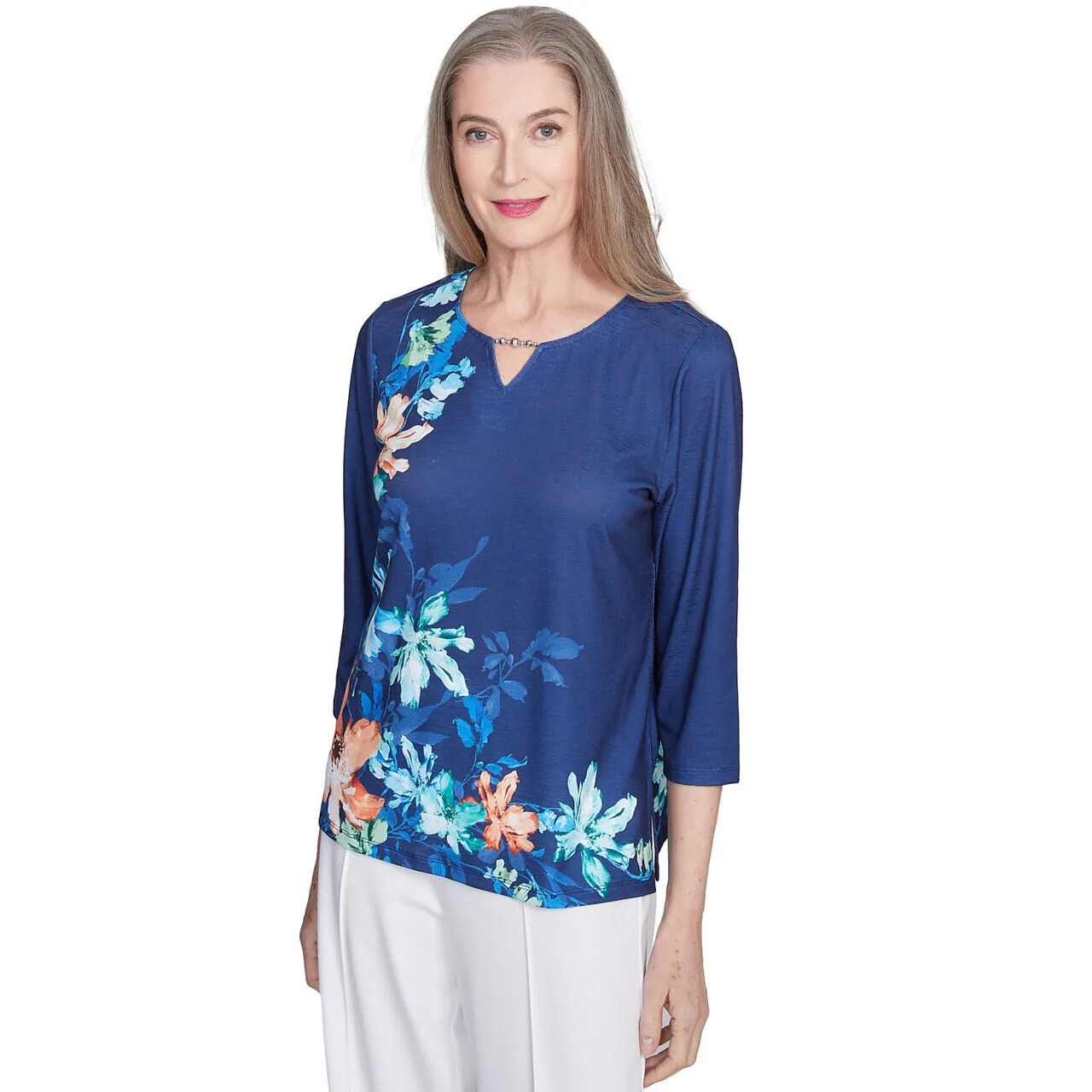 Women's Asymmetric Floral Beaded Split Neck Top - 89458