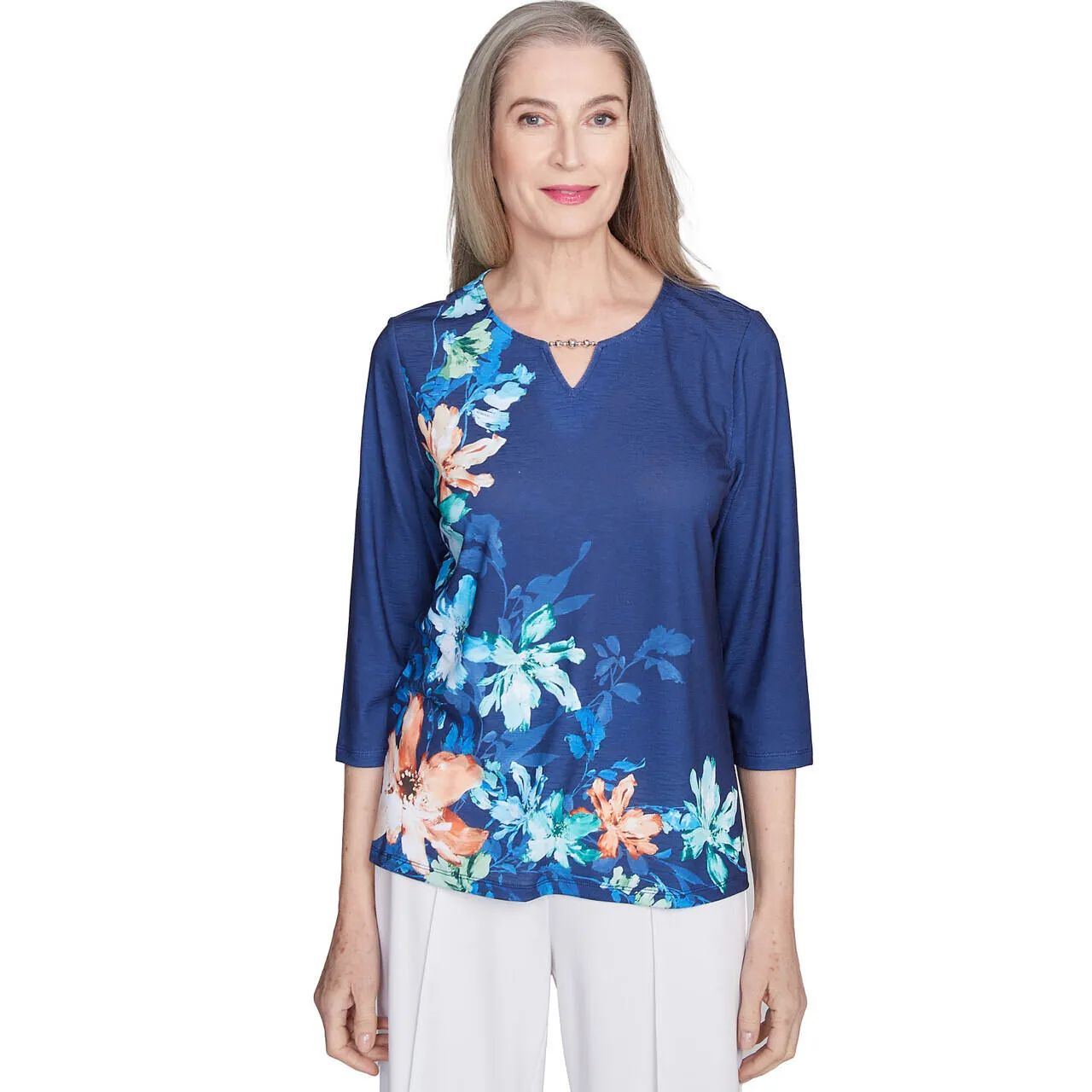 Women's Asymmetric Floral Beaded Split Neck Top - 89458