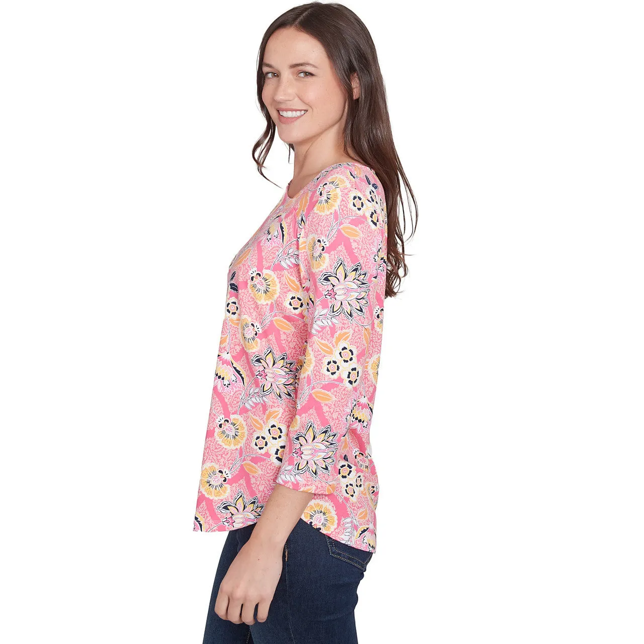 Women's Floral Asymmetric Neckline Knit Top - 35452