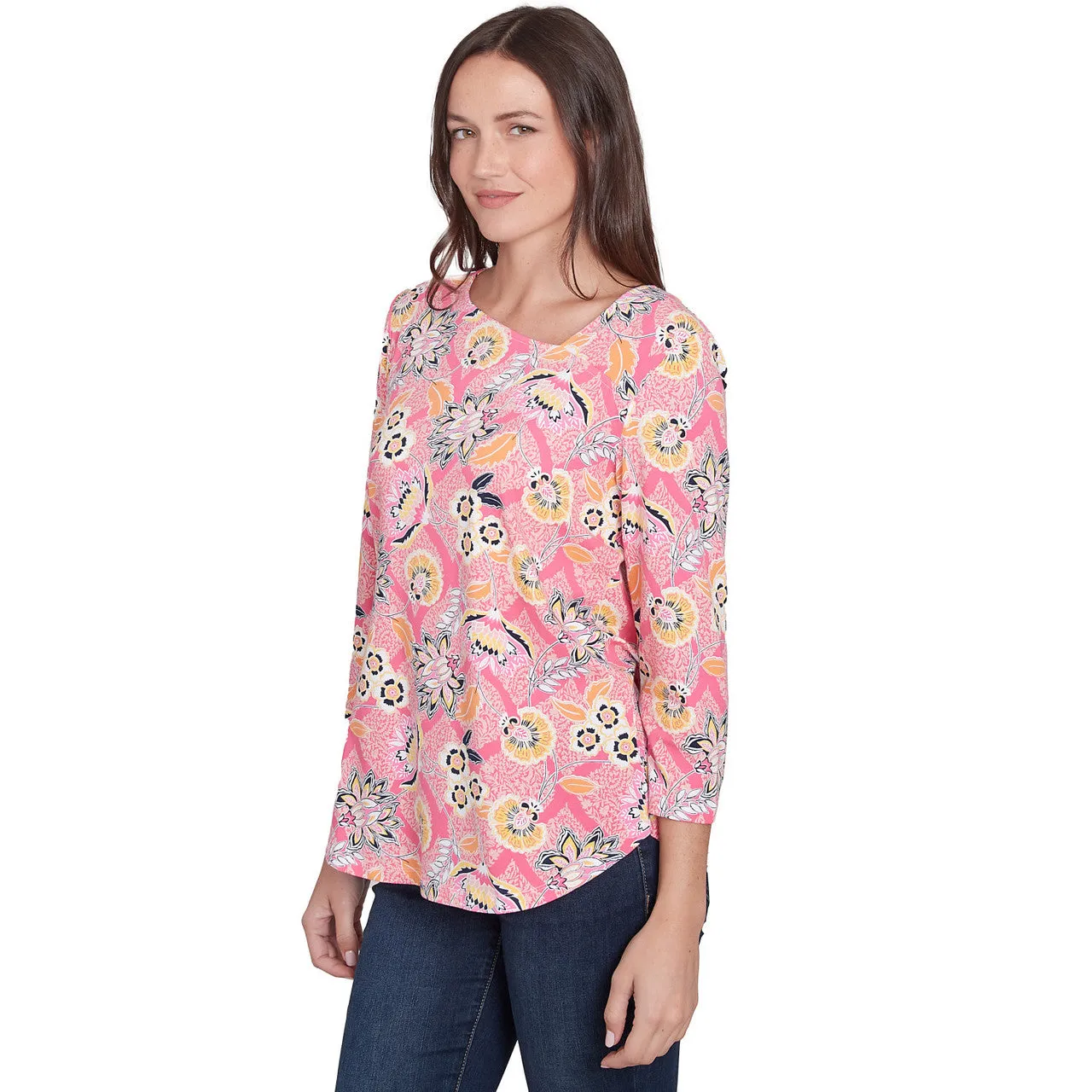 Women's Floral Asymmetric Neckline Knit Top - 35452