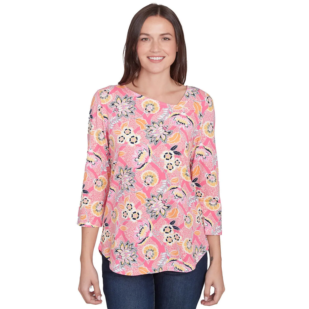 Women's Floral Asymmetric Neckline Knit Top - 35452