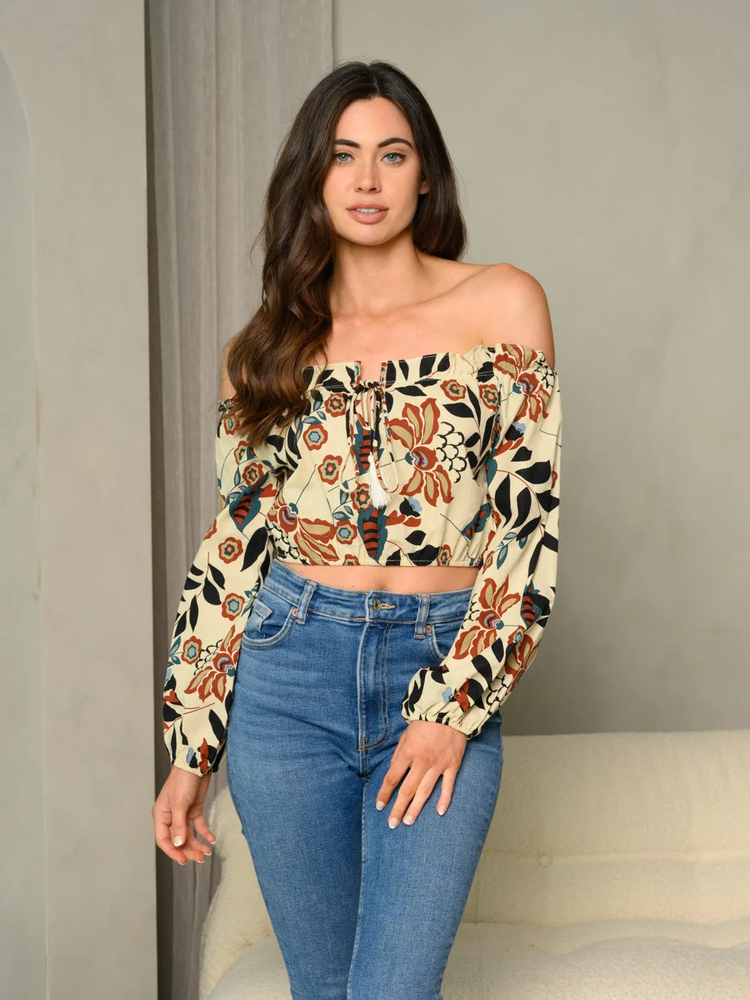 WOMEN'S FLORAL PRINT OFF SHOULDER LINEN LONG SLEEVE TOP