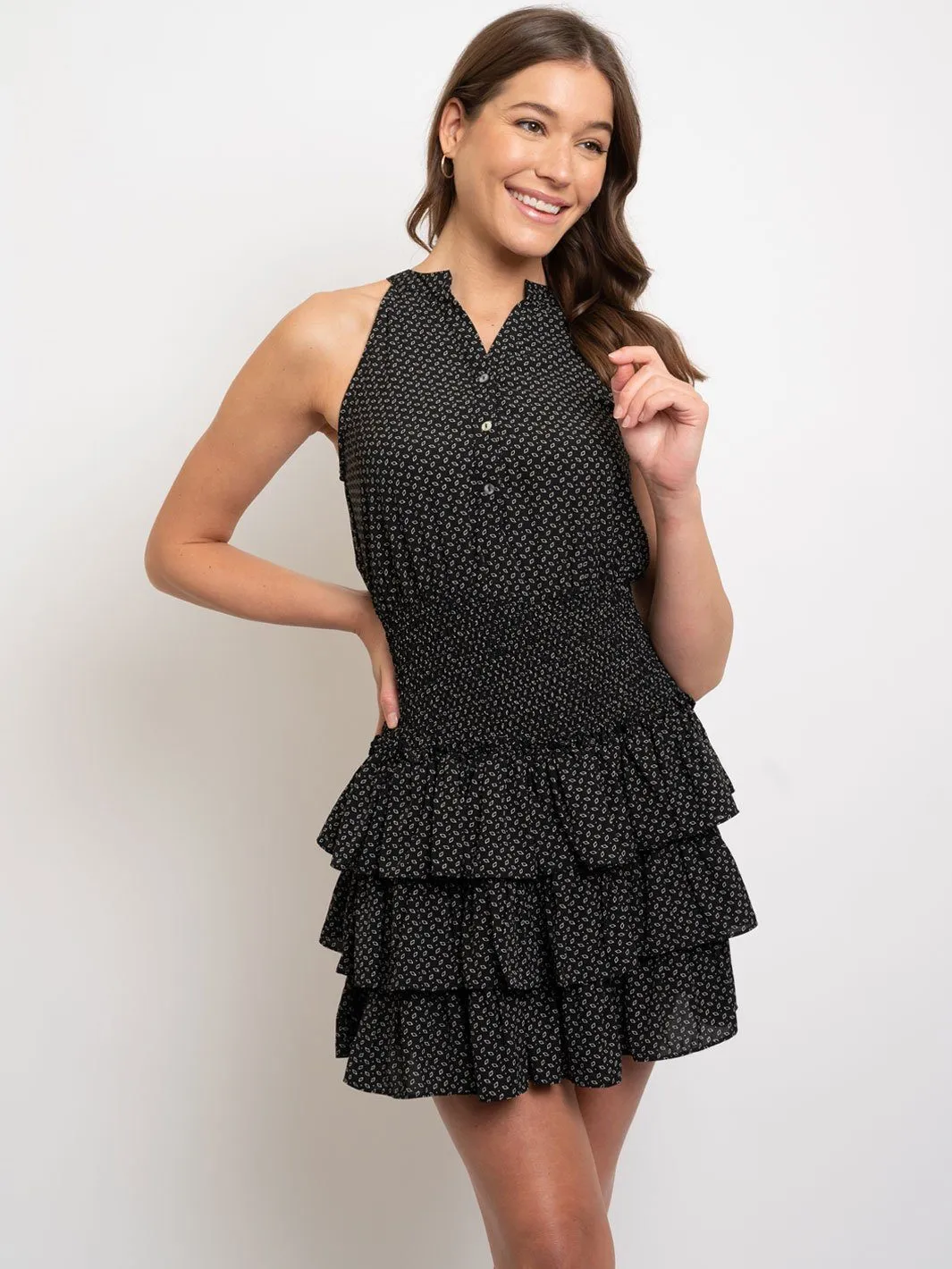 WOMEN'S HALTER NECK SMOCKED WITH RUFFLED SKIRT DRESS