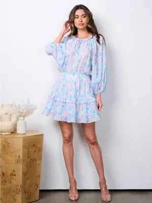 WOMEN'S LONG PUFF SLEEVE FLORAL SMOCK WAIST MINI DRESS