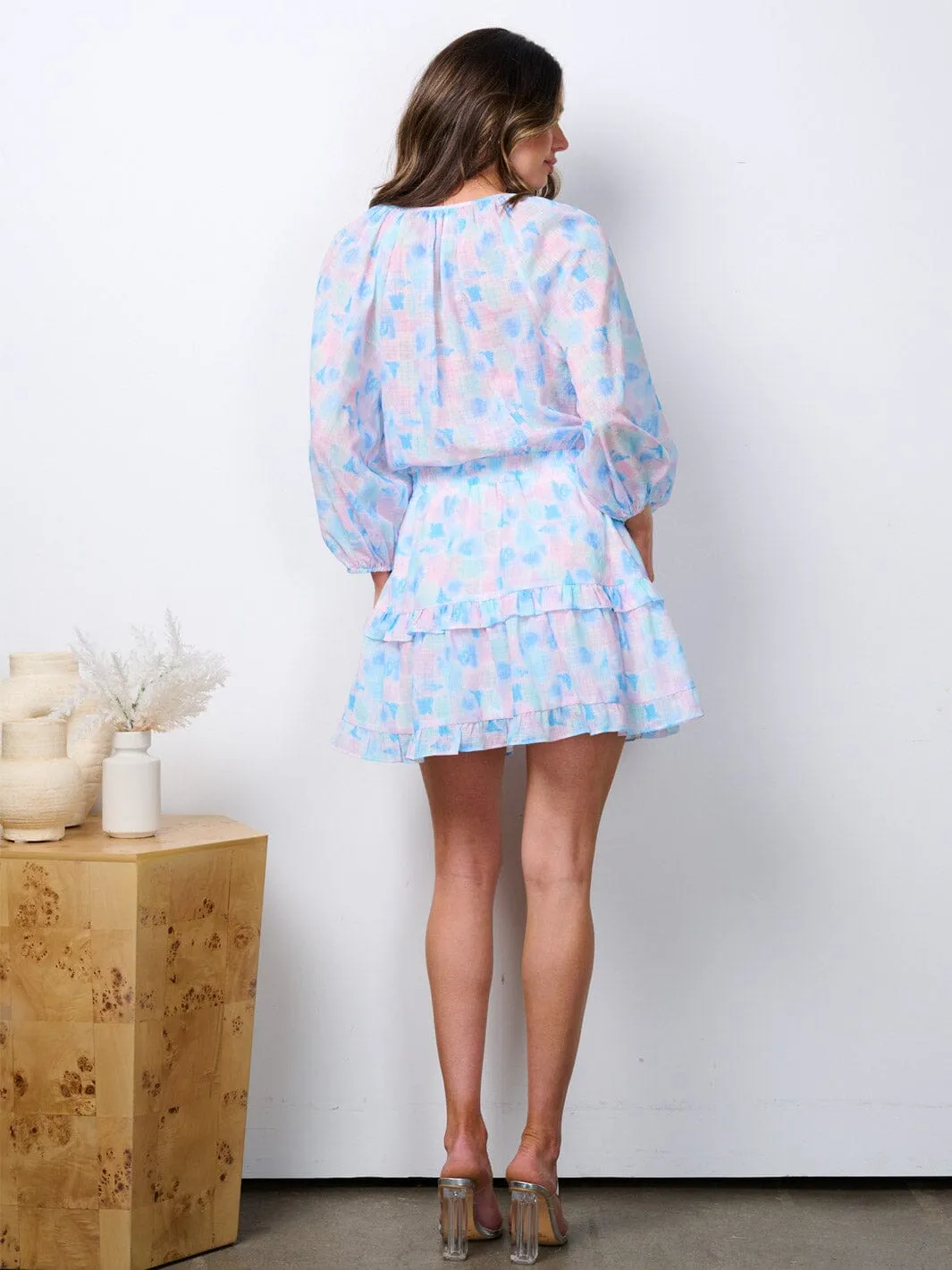 WOMEN'S LONG PUFF SLEEVE FLORAL SMOCK WAIST MINI DRESS