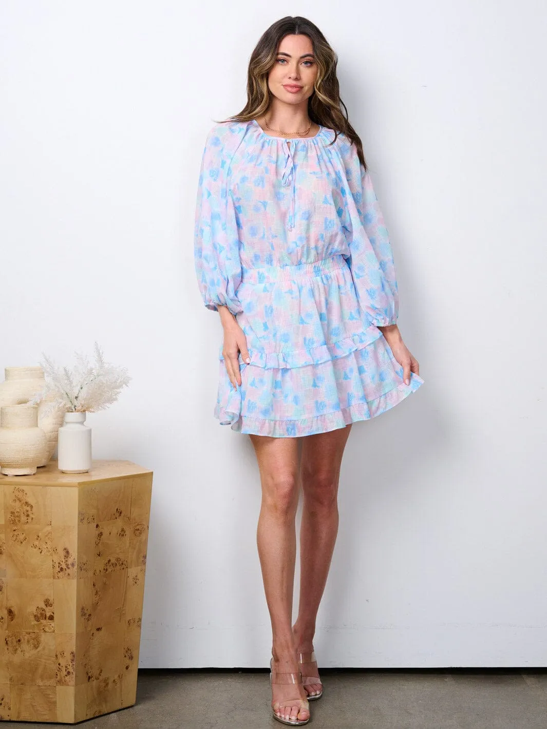WOMEN'S LONG PUFF SLEEVE FLORAL SMOCK WAIST MINI DRESS