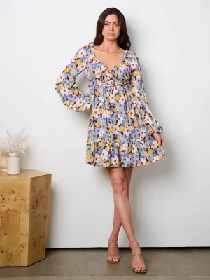 WOMEN'S LONG PUFF SLEEVE SMOCK FLORAL MINI DRESS