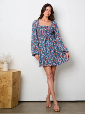 WOMEN'S LONG PUFF SLEEVE V-NECK FLORAL MINI DRESS