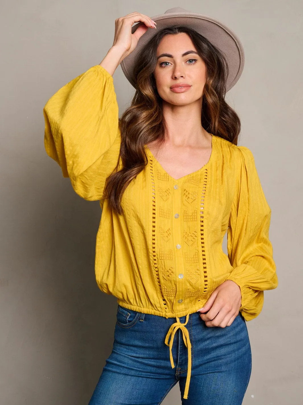 WOMEN'S LONG SLEEVE BUTTON UP SELF TIE BLOUSE TOP