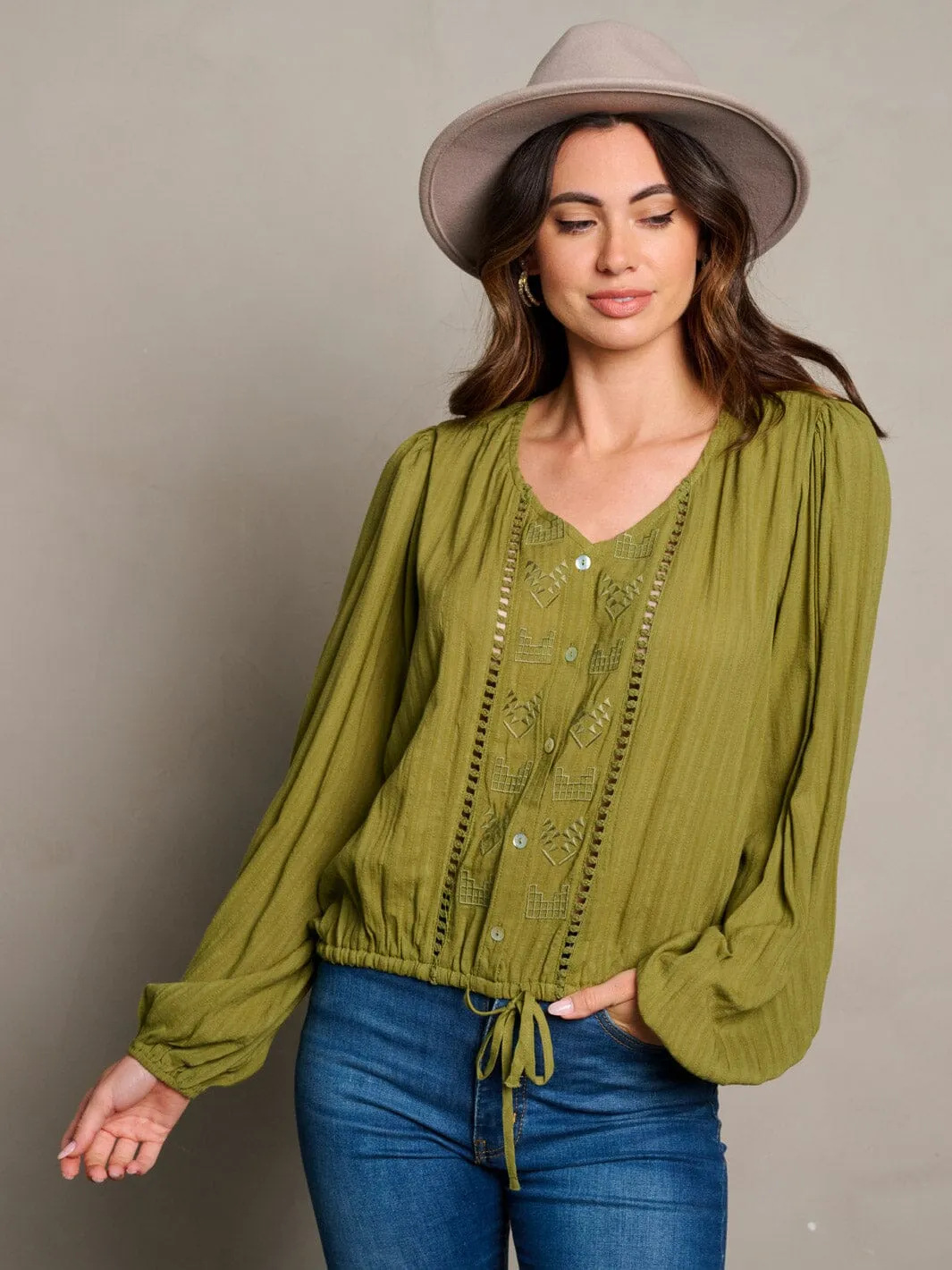 WOMEN'S LONG SLEEVE BUTTON UP SELF TIE BLOUSE TOP
