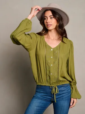 WOMEN'S LONG SLEEVE BUTTON UP SELF TIE BLOUSE TOP