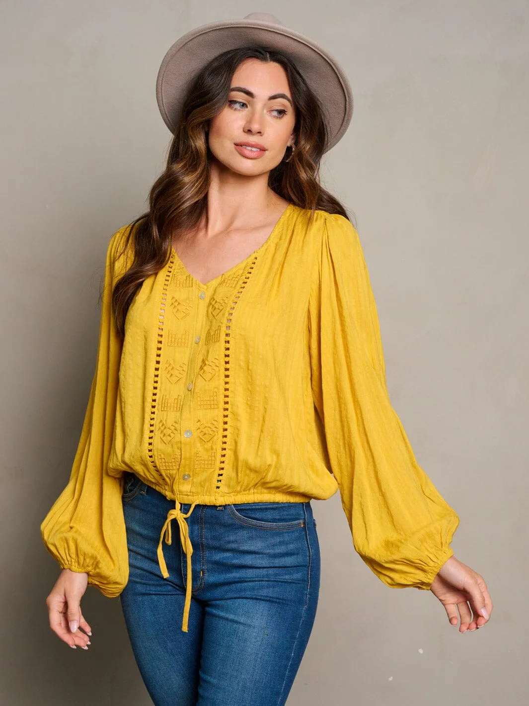 WOMEN'S LONG SLEEVE BUTTON UP SELF TIE BLOUSE TOP