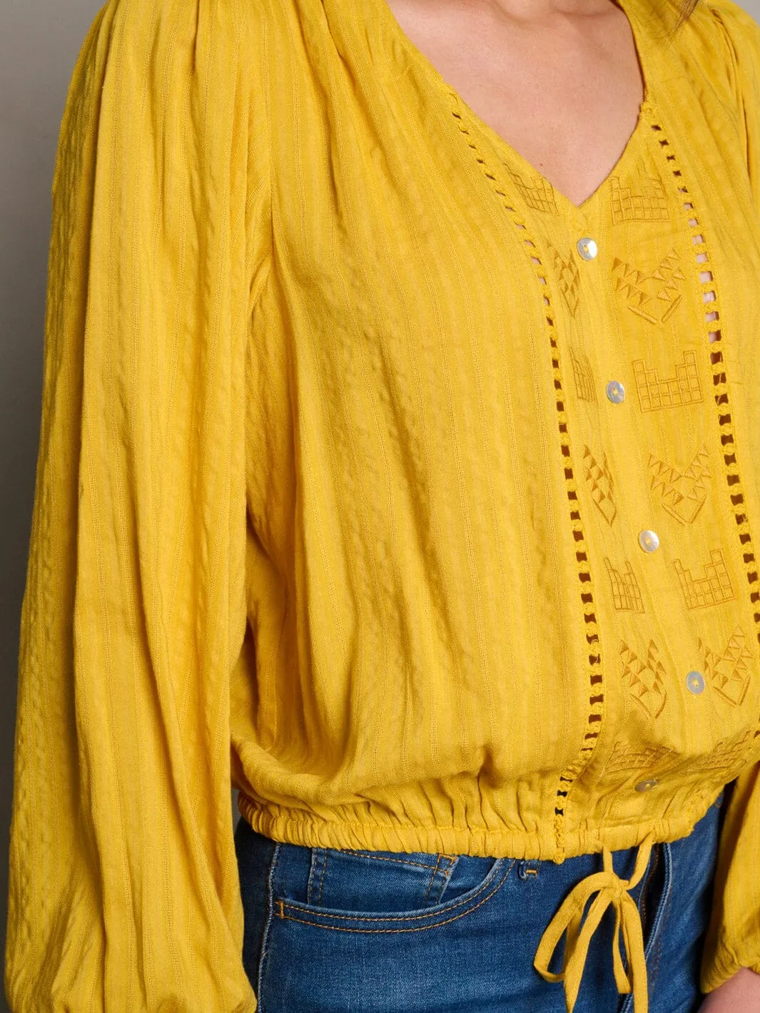 WOMEN'S LONG SLEEVE BUTTON UP SELF TIE BLOUSE TOP