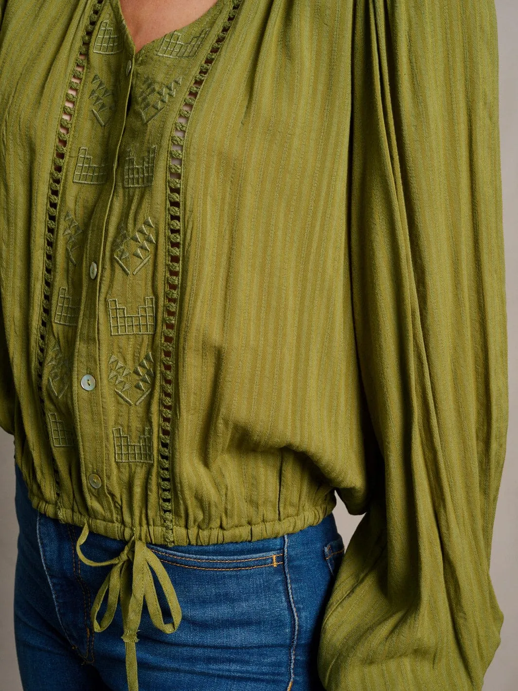WOMEN'S LONG SLEEVE BUTTON UP SELF TIE BLOUSE TOP