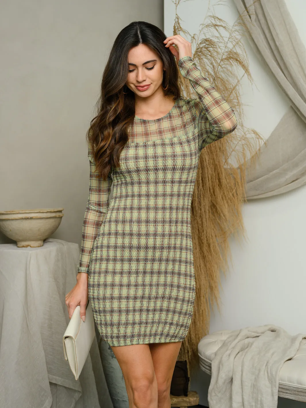 WOMEN'S LONG SLEEVE FITTED MESH SMOCKING MINI DRESS