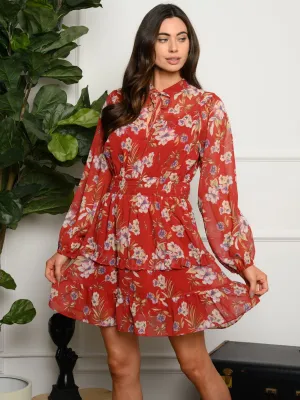 WOMEN'S LONG SLEEVE FLORAL SMOCKED MINI DRESS