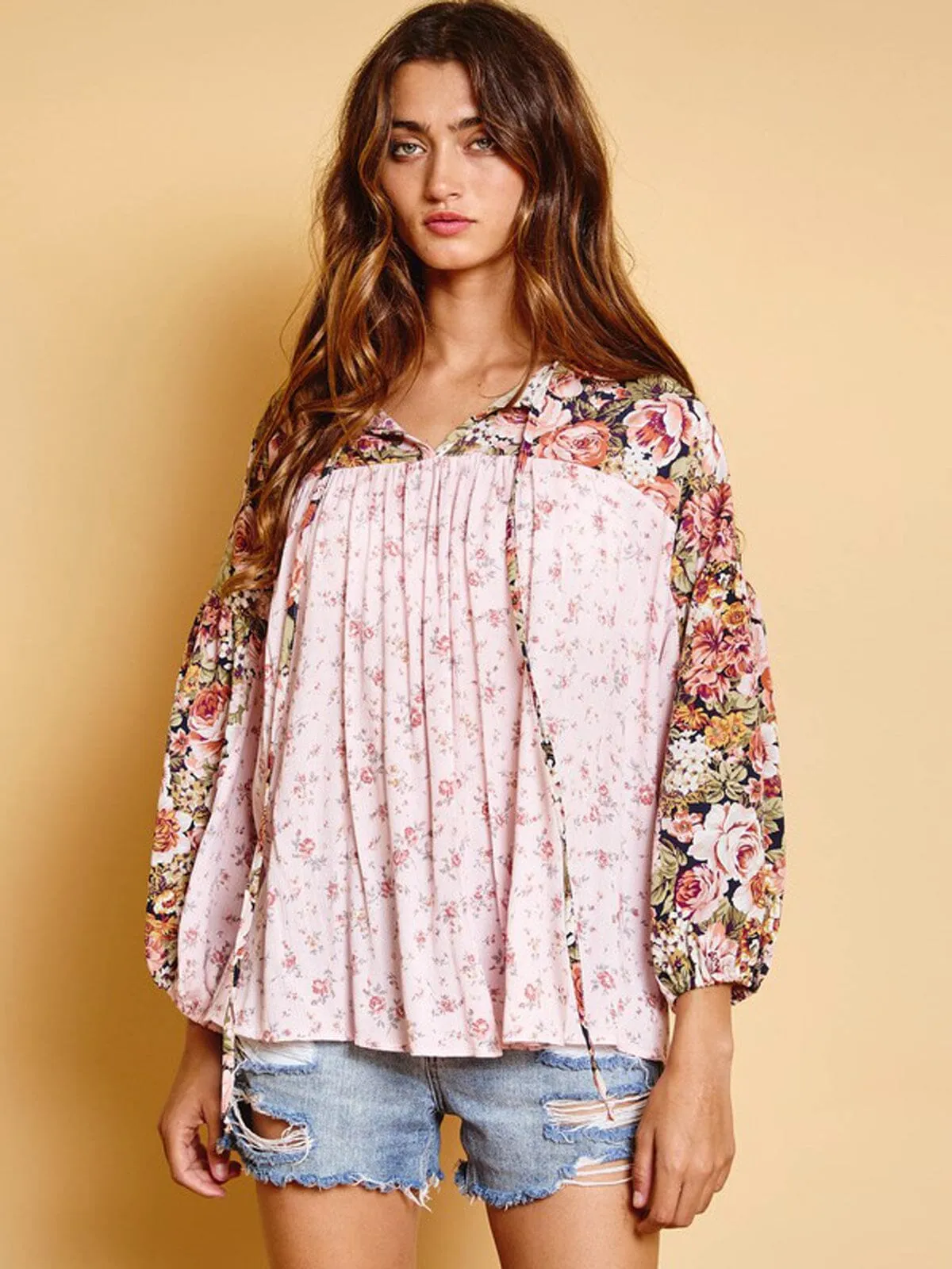 WOMEN'S LONG SLEEVE FRONT TIE FLORAL TUNIC TOP