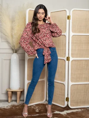 WOMEN'S LONG SLEEVE FRONT TIE FLORAL WOVEN TOP