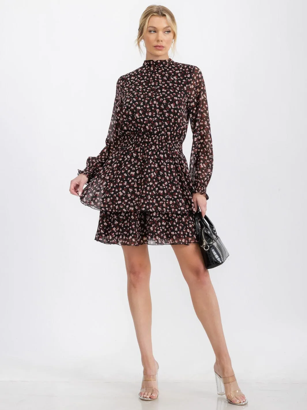 WOMEN'S LONG SLEEVE MOCK NECK SMOCK WAIST TIERED FLORAL MINI DRESS
