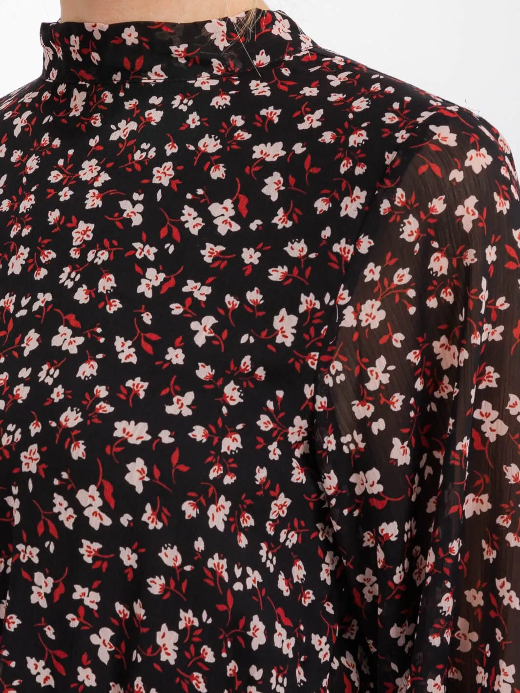 WOMEN'S LONG SLEEVE MOCK NECK SMOCK WAIST TIERED FLORAL MINI DRESS