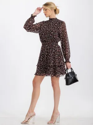 WOMEN'S LONG SLEEVE MOCK NECK SMOCK WAIST TIERED FLORAL MINI DRESS
