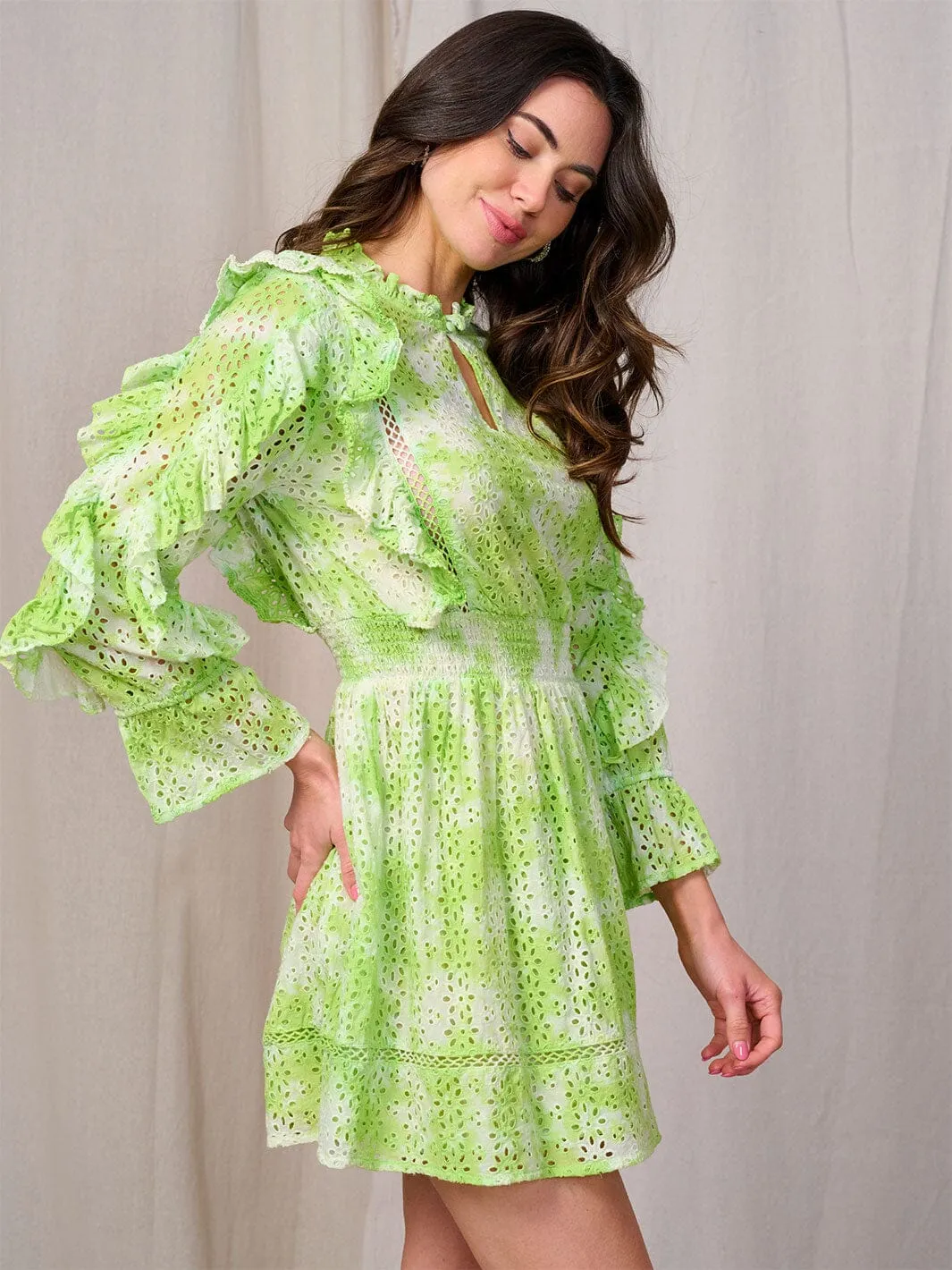 WOMEN'S LONG SLEEVE RUFFLE EYELET MINI DRESS