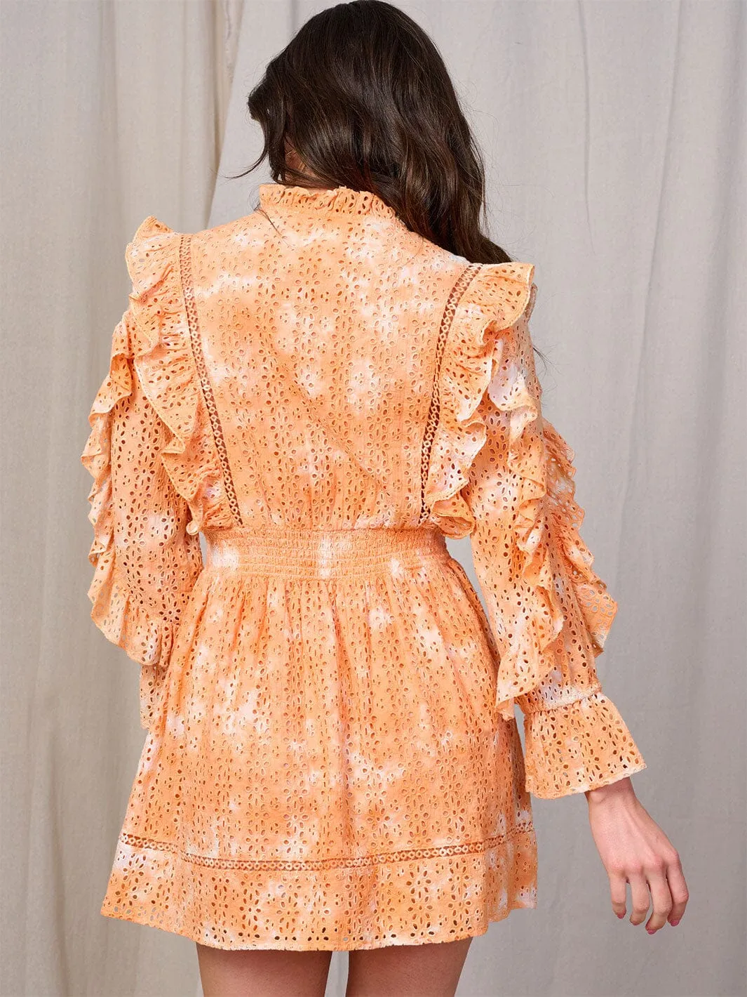 WOMEN'S LONG SLEEVE RUFFLE EYELET MINI DRESS
