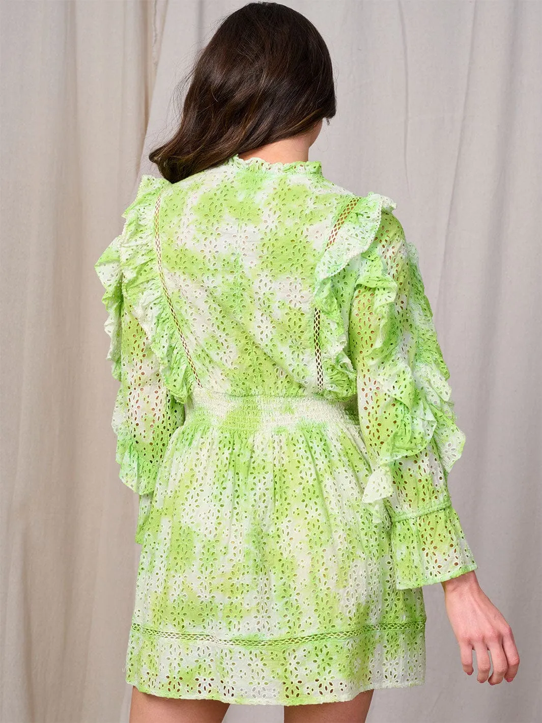 WOMEN'S LONG SLEEVE RUFFLE EYELET MINI DRESS