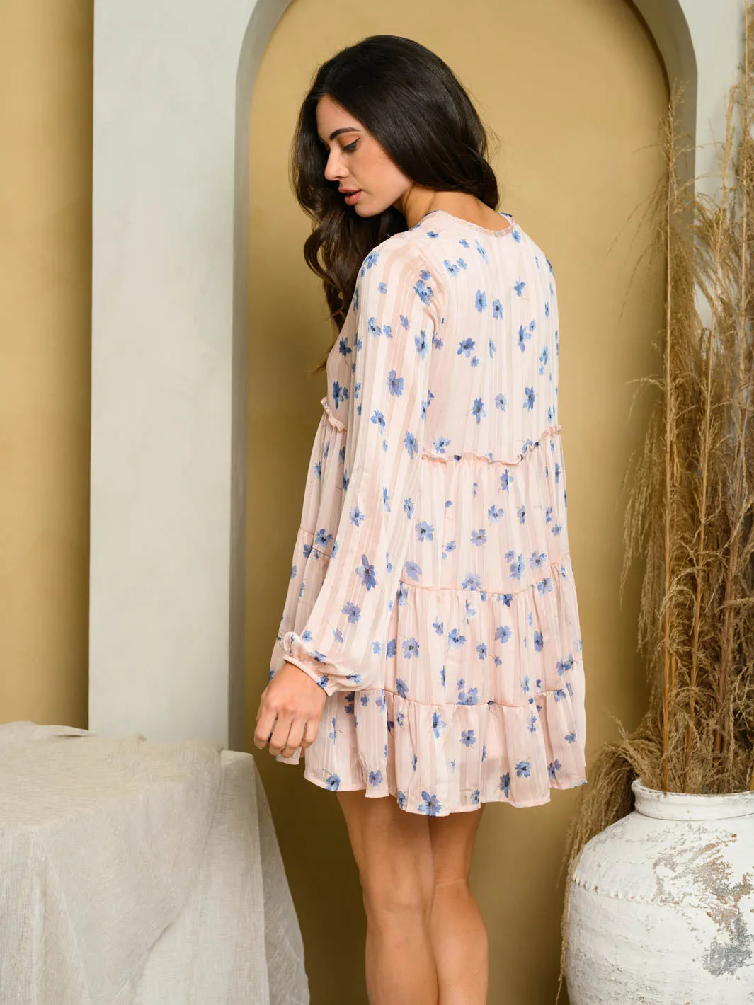 WOMEN'S LONG SLEEVE RUFFLE FLORAL MINI DRESS