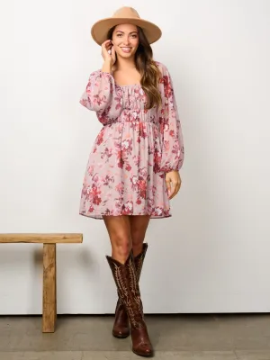 WOMEN'S LONG SLEEVE SMOCK FLORAL MINI DRESS