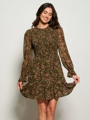 WOMEN'S LONG SLEEVE SMOCK FLORAL MINI DRESS