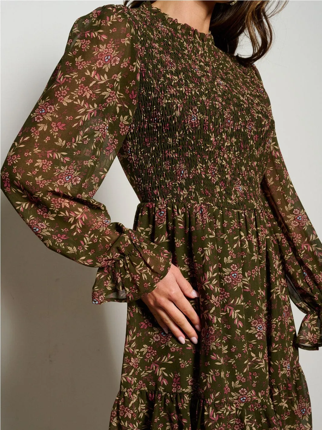 WOMEN'S LONG SLEEVE SMOCK FLORAL MINI DRESS