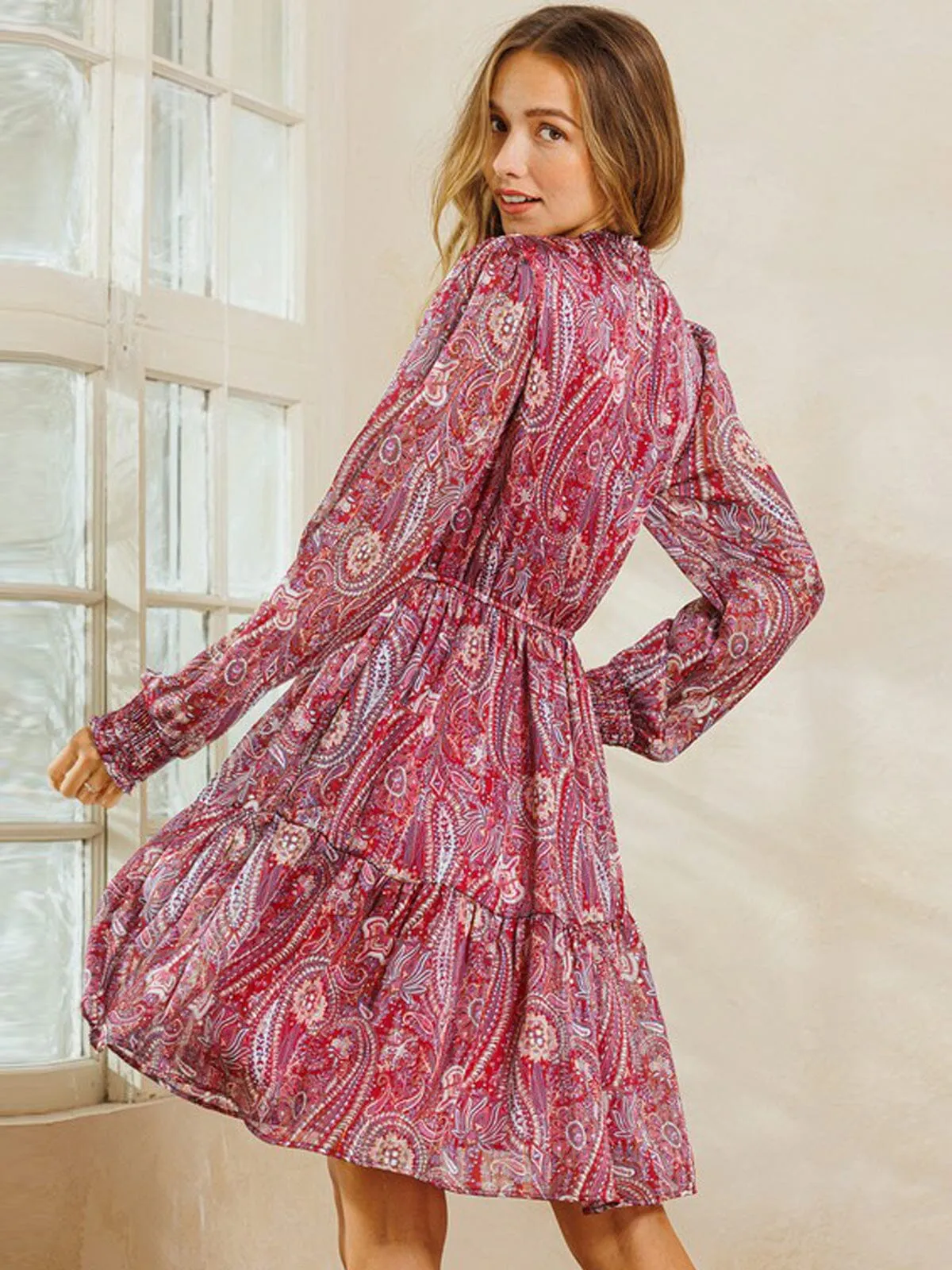 WOMEN'S LONG SLEEVE SMOCK RUFFLE PRINT MINI DRESS