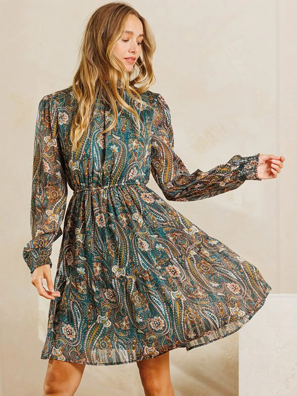 WOMEN'S LONG SLEEVE SMOCK RUFFLE PRINT MINI DRESS