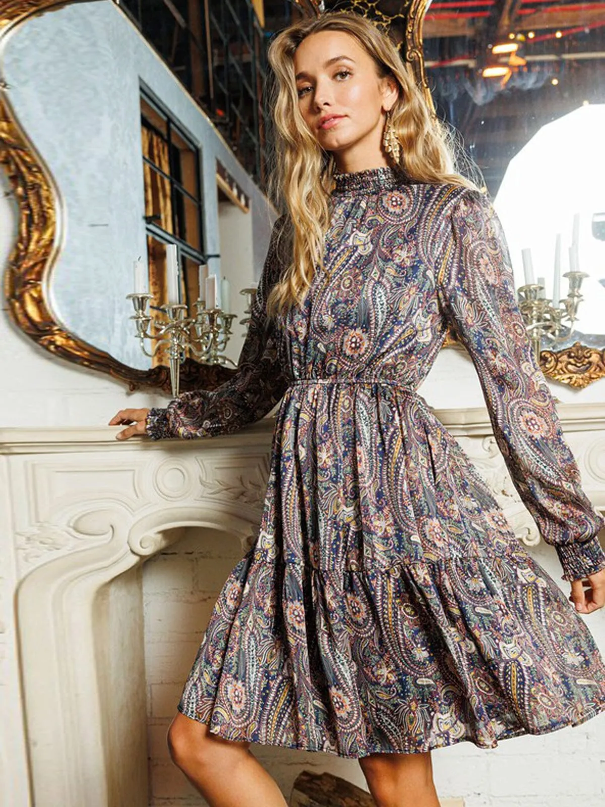 WOMEN'S LONG SLEEVE SMOCK RUFFLE PRINT MINI DRESS