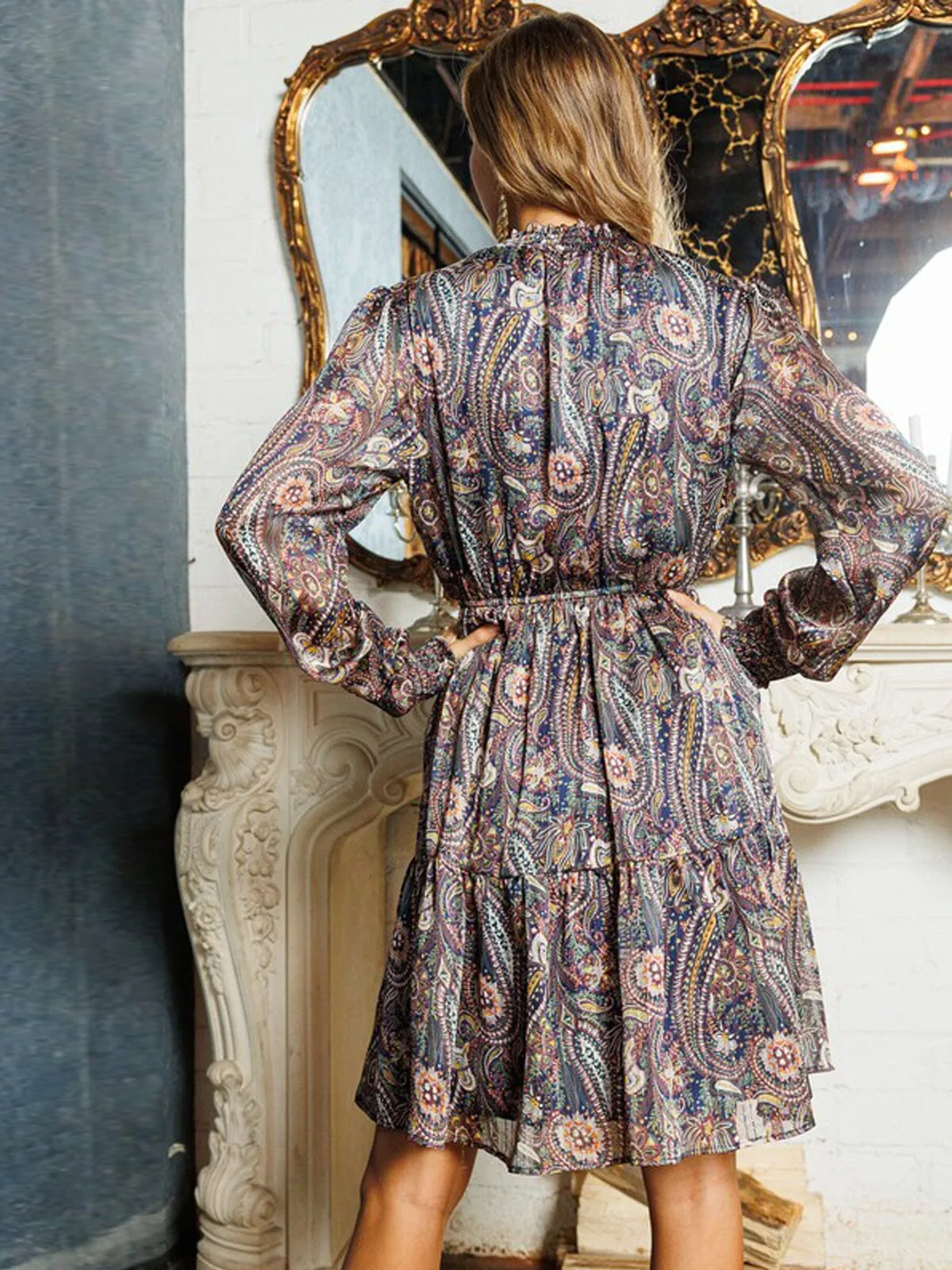 WOMEN'S LONG SLEEVE SMOCK RUFFLE PRINT MINI DRESS