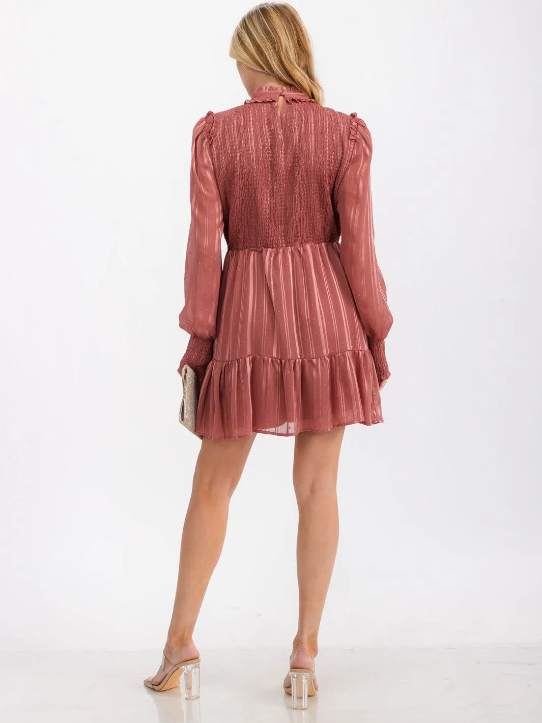 WOMEN'S LONG SLEEVE SMOCK SHIMMER SWISS DOT MINI DRESS