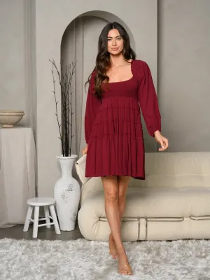 WOMEN'S LONG SLEEVE SMOCK TIERED MINI DRESS